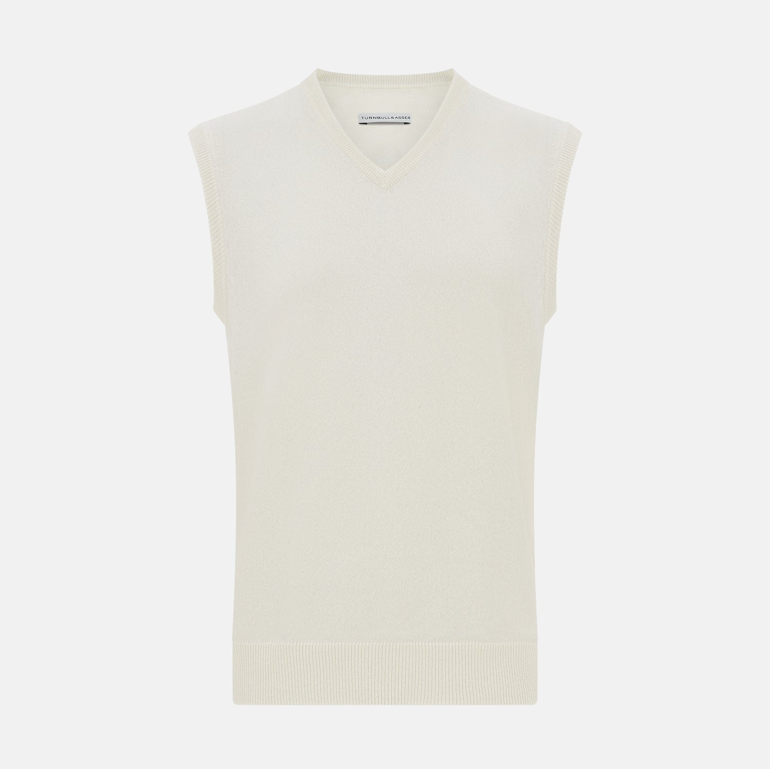 View 1 of product The Turnbull & Asser Ivory Cashmere V-neck Vest is a sleeveless, sophisticated knit pullover shown against a plain white background.