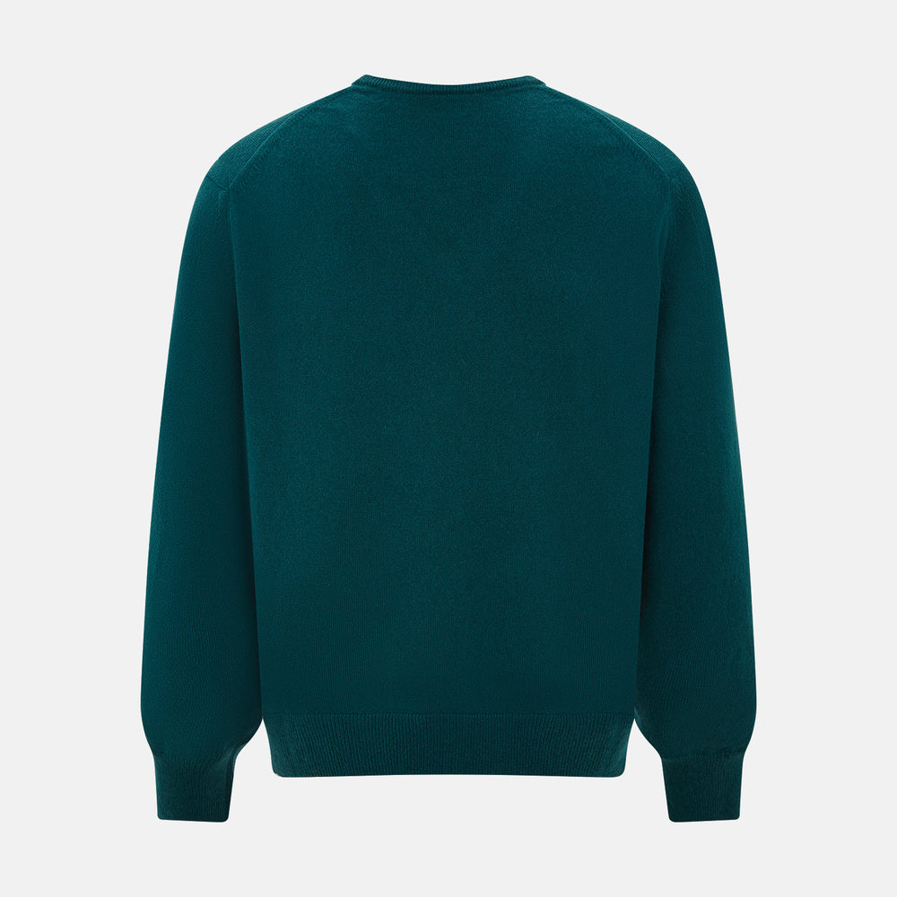 The Moss Green Cashmere V-Neck Jumper by Turnbull & Asser features long sleeves with ribbed cuffs and hem, shown on a plain white background.