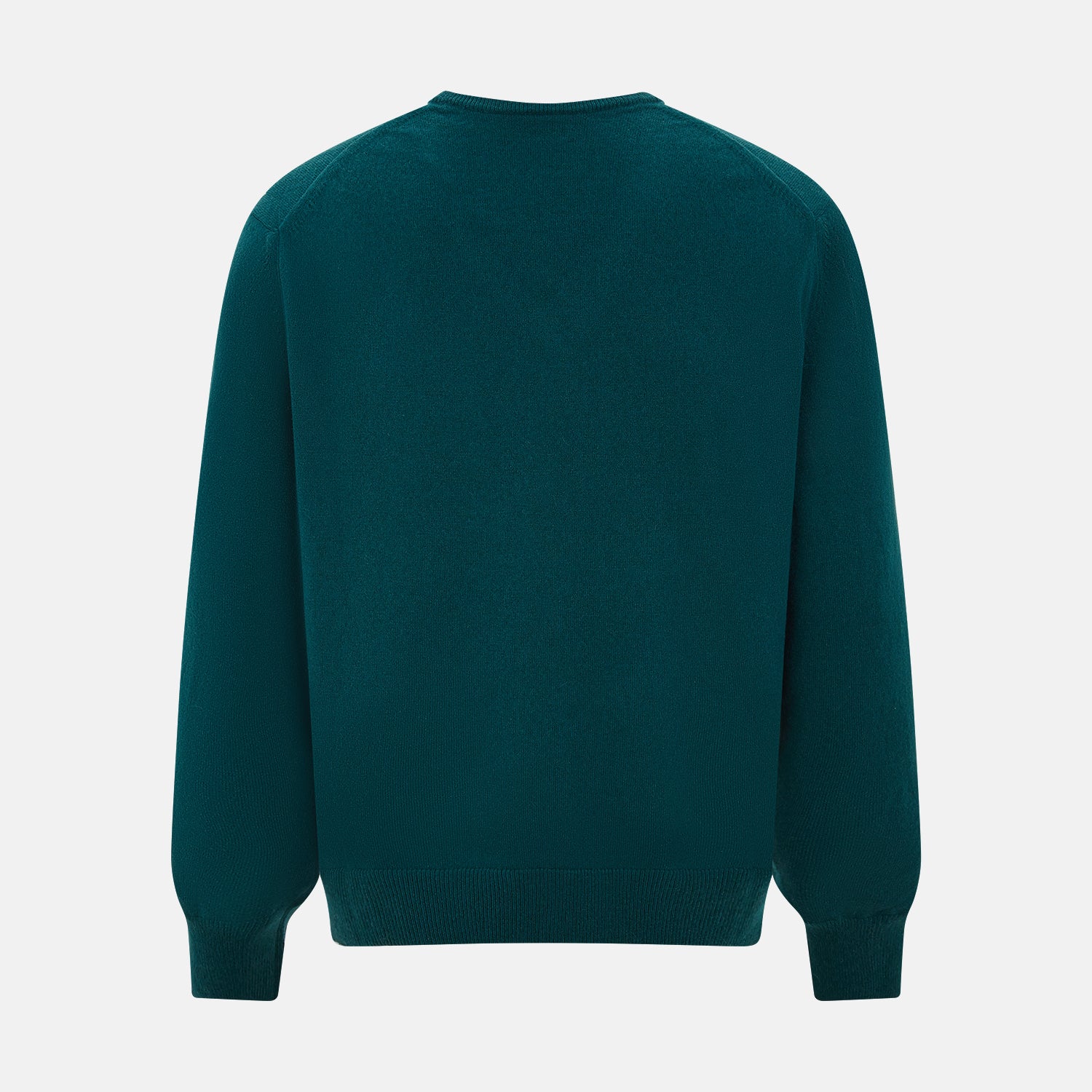 View 3 of product The Moss Green Cashmere V-Neck Jumper by Turnbull & Asser features long sleeves with ribbed cuffs and hem, shown on a plain white background.