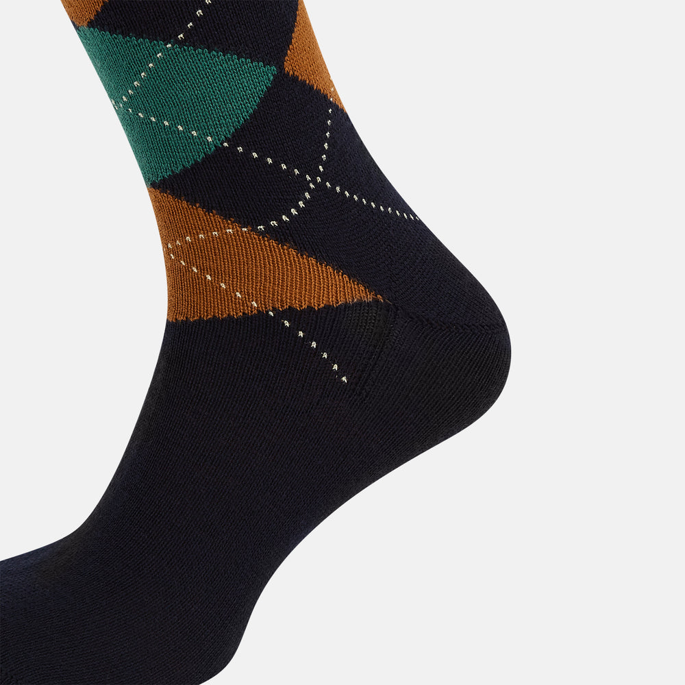 The Turnbull & Asser Navy/Green/Orange Wool Check Mid-Length Sock features a stylish check pattern and is shown on a white background.