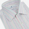 View 9 of product The Turnbull & Asser Multicoloured Double Pinstripe Mayfair Shirt, made from organic cotton, features thin blue, green, and pink stripes on white and is displayed laid flat on a white surface.