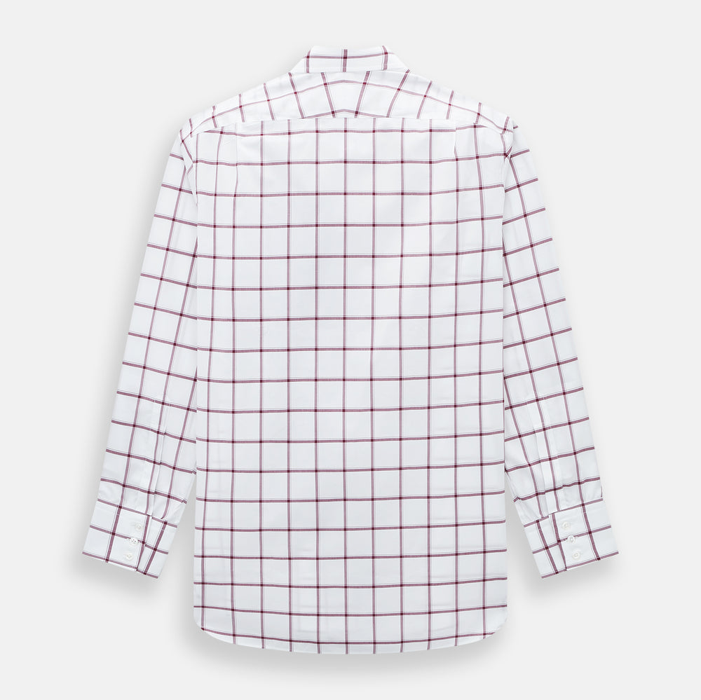 A long-sleeve, button-up Burgundy Grid Check Mayfair Shirt by Turnbull & Asser, made from Italian cotton with a spread collar and red grid check pattern, displayed flat on a plain white background.