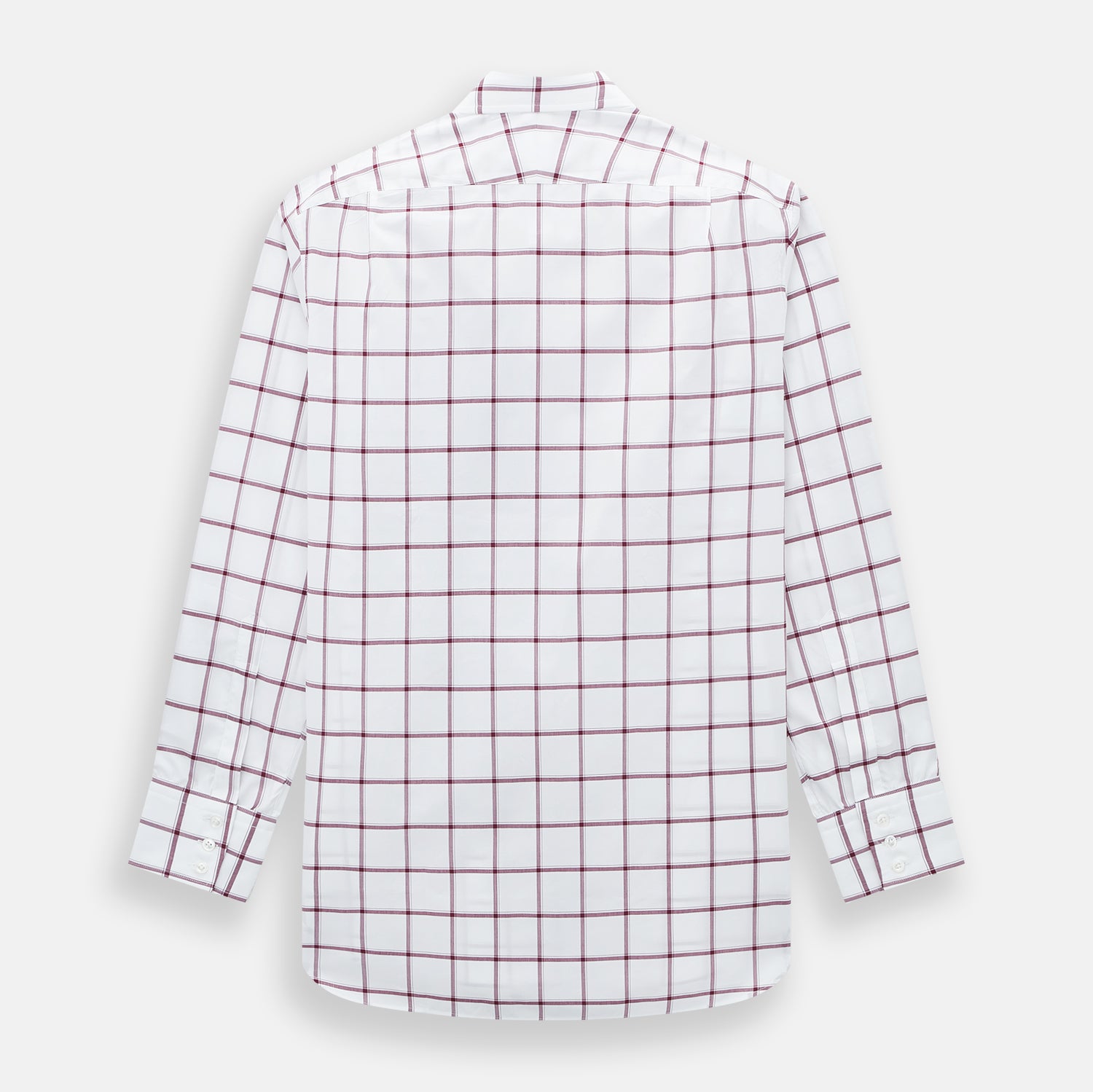 View 3 of product A long-sleeve, button-up Burgundy Grid Check Mayfair Shirt by Turnbull & Asser, made from Italian cotton with a spread collar and red grid check pattern, displayed flat on a plain white background.