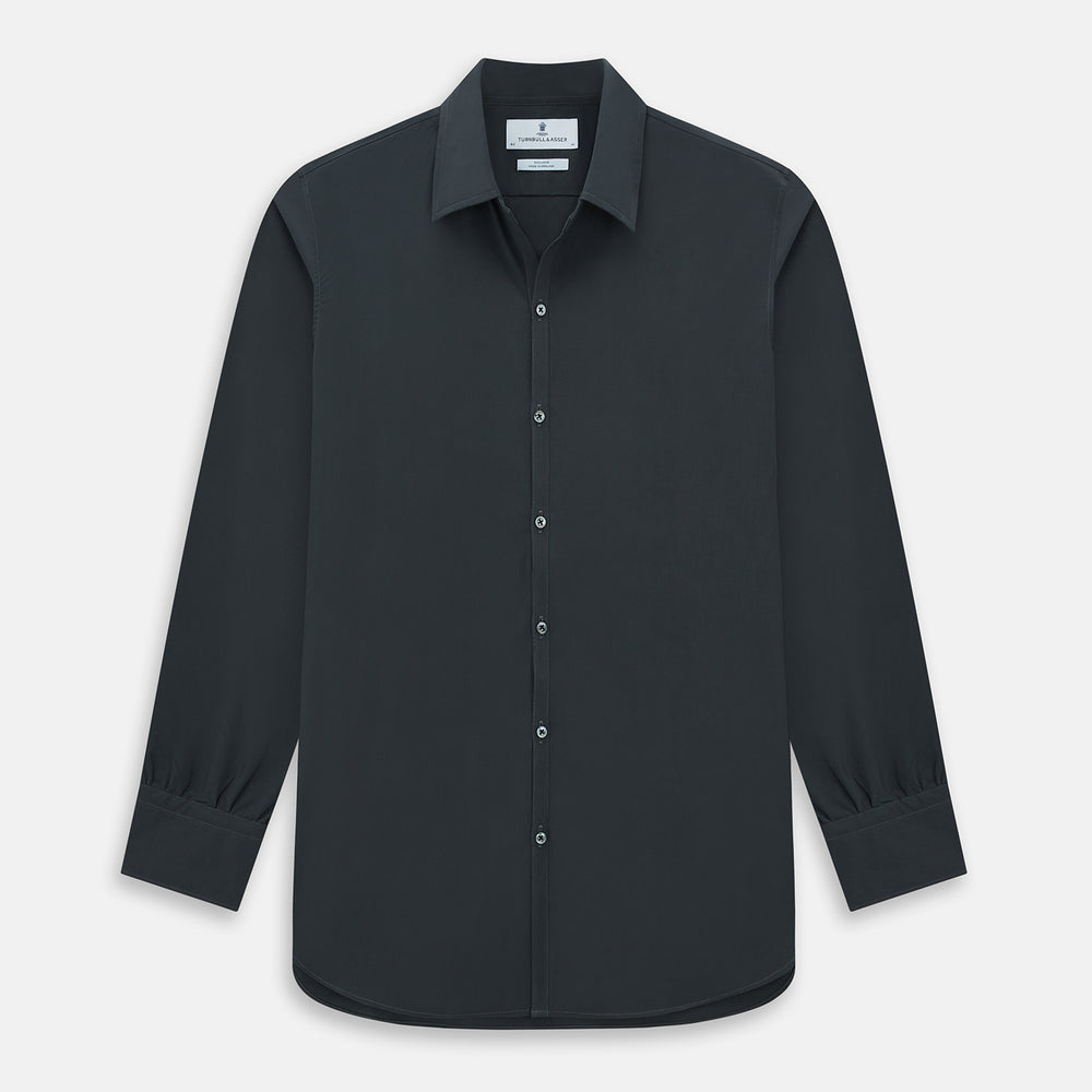 The Charcoal Windsor Shirt by Turnbull & Asser is a black, long-sleeve button-up with a pointed Windsor collar, buttoned cuffs, and a straight hem, shown flat on a white background.