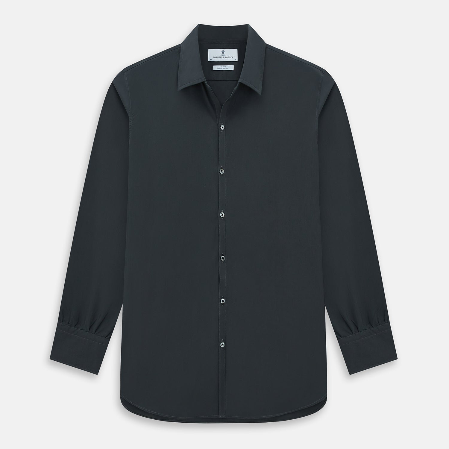 View 1 of product The Charcoal Windsor Shirt by Turnbull & Asser is a black, long-sleeve button-up with a pointed Windsor collar, buttoned cuffs, and a straight hem, shown flat on a white background.