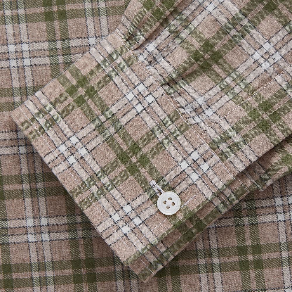 The Turnbull & Asser Green and Oatmeal Multi Check Cotton Weekend Fit Hayne Shirt features a button-down collar and green, beige, and white plaid pattern, shown flat against a white background.