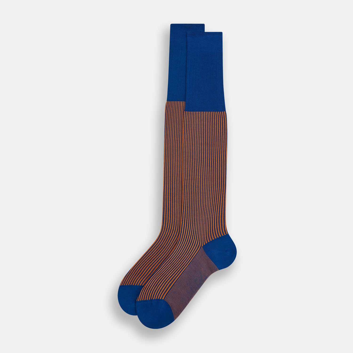 View 2 of product The Turnbull & Asser Royal Blue/Orange Thin Striped Long Sock is a knee-high, over-the-calf sock in mercerised Egyptian cotton, featuring vertical orange and dark blue stripes with blue cuff, heel, and toe. Displayed on a white background.