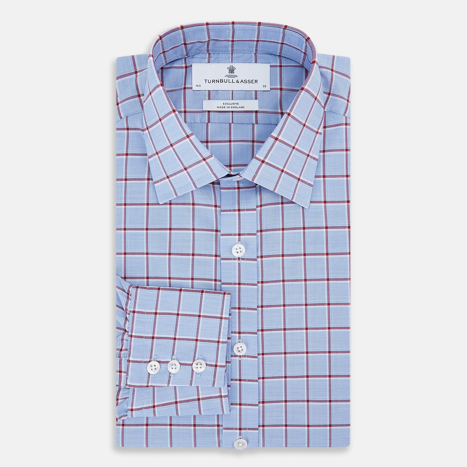 View 5 of product The Turnbull & Asser Blue and Burgundy Windowpane Mayfair Shirt features long sleeves, a light blue base with burgundy windowpane checks, a classic collar, and white buttons.