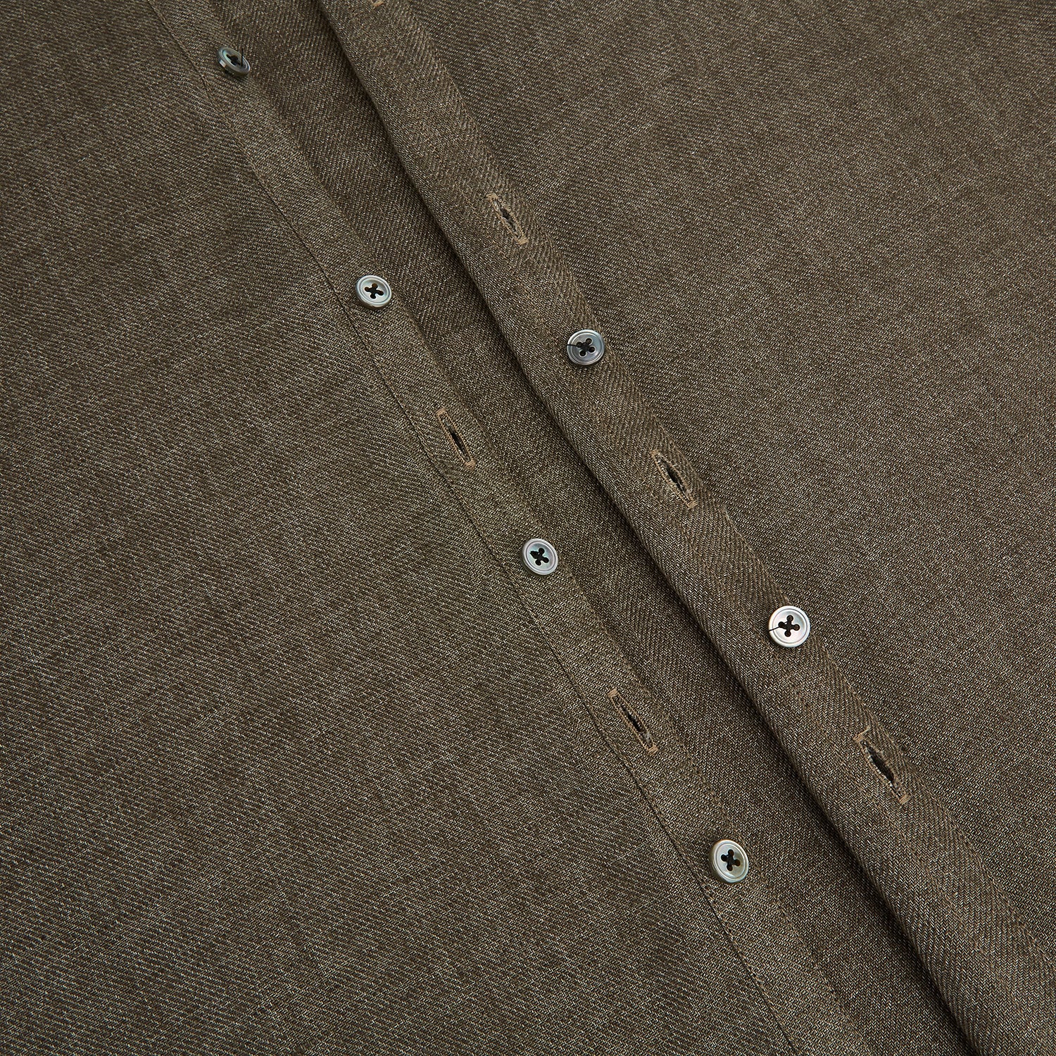 View 7 of product The Olive Linen Windsor Shirt by Turnbull & Asser features long sleeves, a classic Windsor collar, buttoned cuffs, and a straight hem—expertly crafted in Britain and shown against a white background.