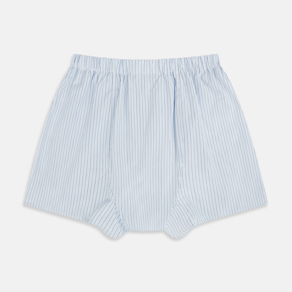 Turnbull & Asser Blue Stripe Godfrey Boxer Shorts, crafted from luxury Italian cotton with an elastic waistband, feature light blue and white vertical stripes and are shown flat on a white background.