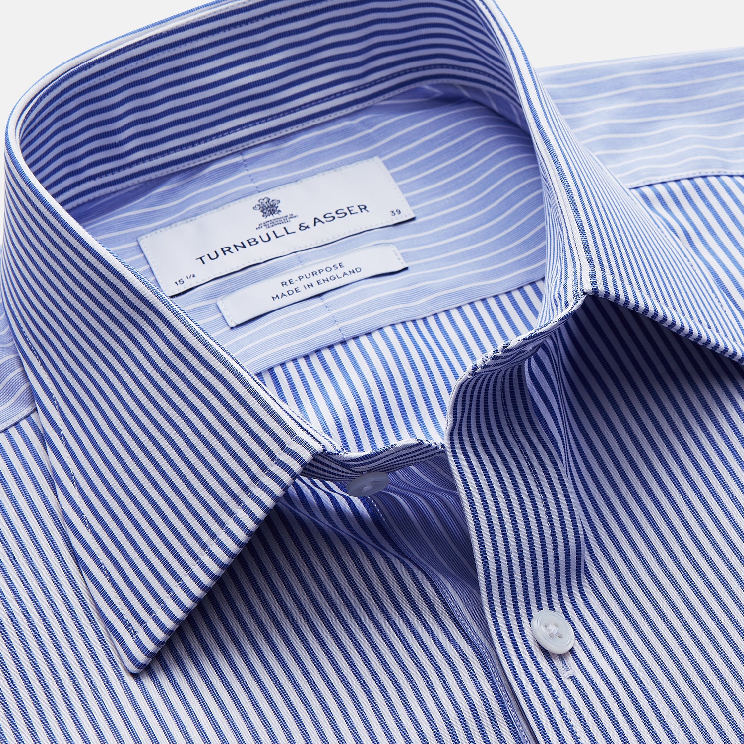 View 3 of product The Turnbull & Asser Blue and White Stripe Cotton RE-PURPOSE Mayfair Shirt, made with recycled fabrics, features long sleeves and a classic collar, and is shown flat against a white background.