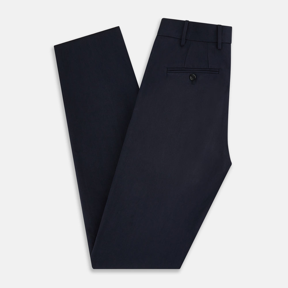 A pair of Navy Henry B Trousers by Turnbull & Asser, crafted from fine Italian cotton with belt loops, a flat front, and straight-leg design, displayed against a plain white background.