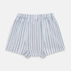 View 2 of product The Pale Blue And Pink Multi Stripe Godfrey Boxer Shorts by Turnbull & Asser are crafted from luxury Italian cotton and feature an elastic waistband with vertical pale blue and pink stripes, shown laid flat on a white background.