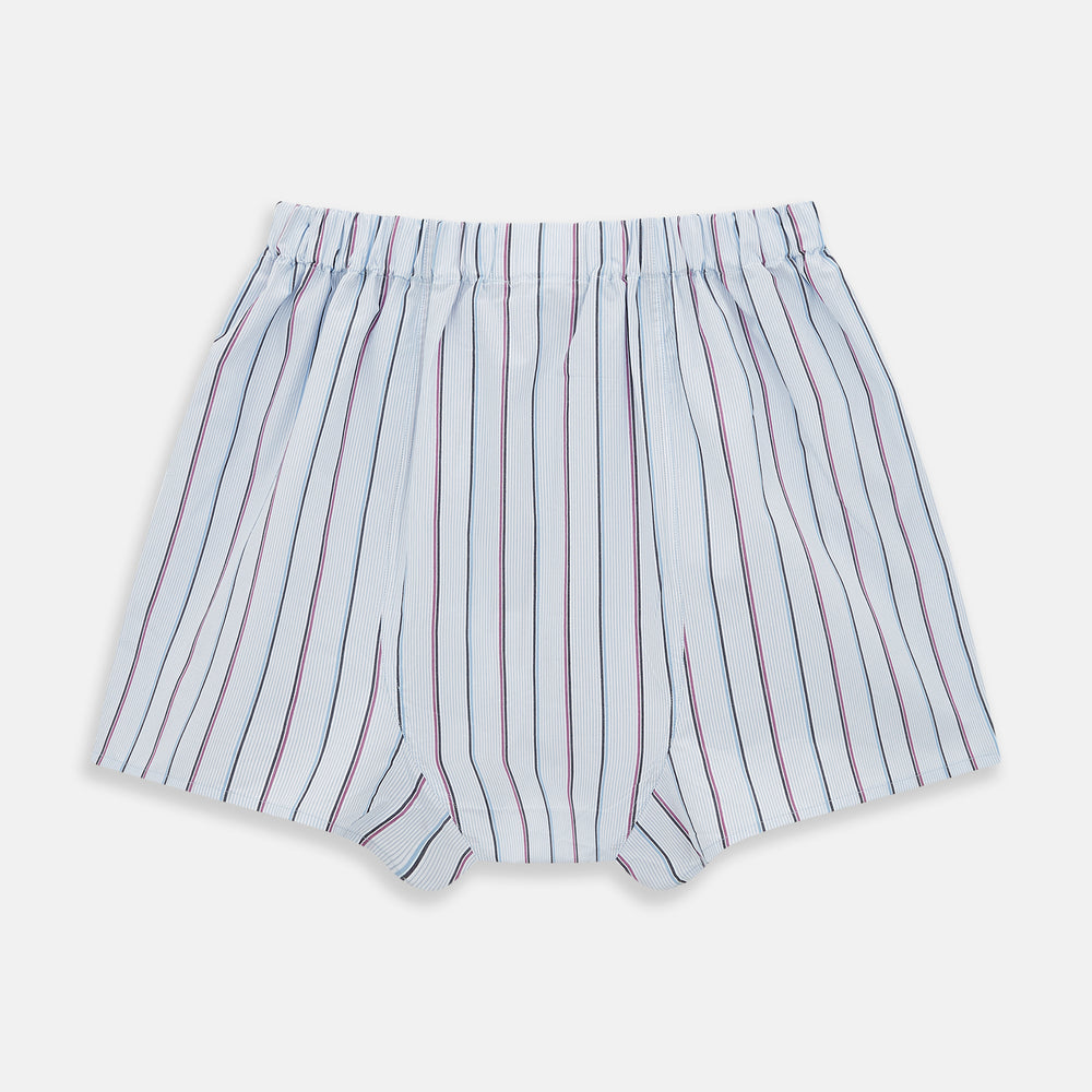 The Pale Blue And Pink Multi Stripe Godfrey Boxer Shorts by Turnbull & Asser are crafted from luxury Italian cotton and feature an elastic waistband with vertical pale blue and pink stripes, shown laid flat on a white background.