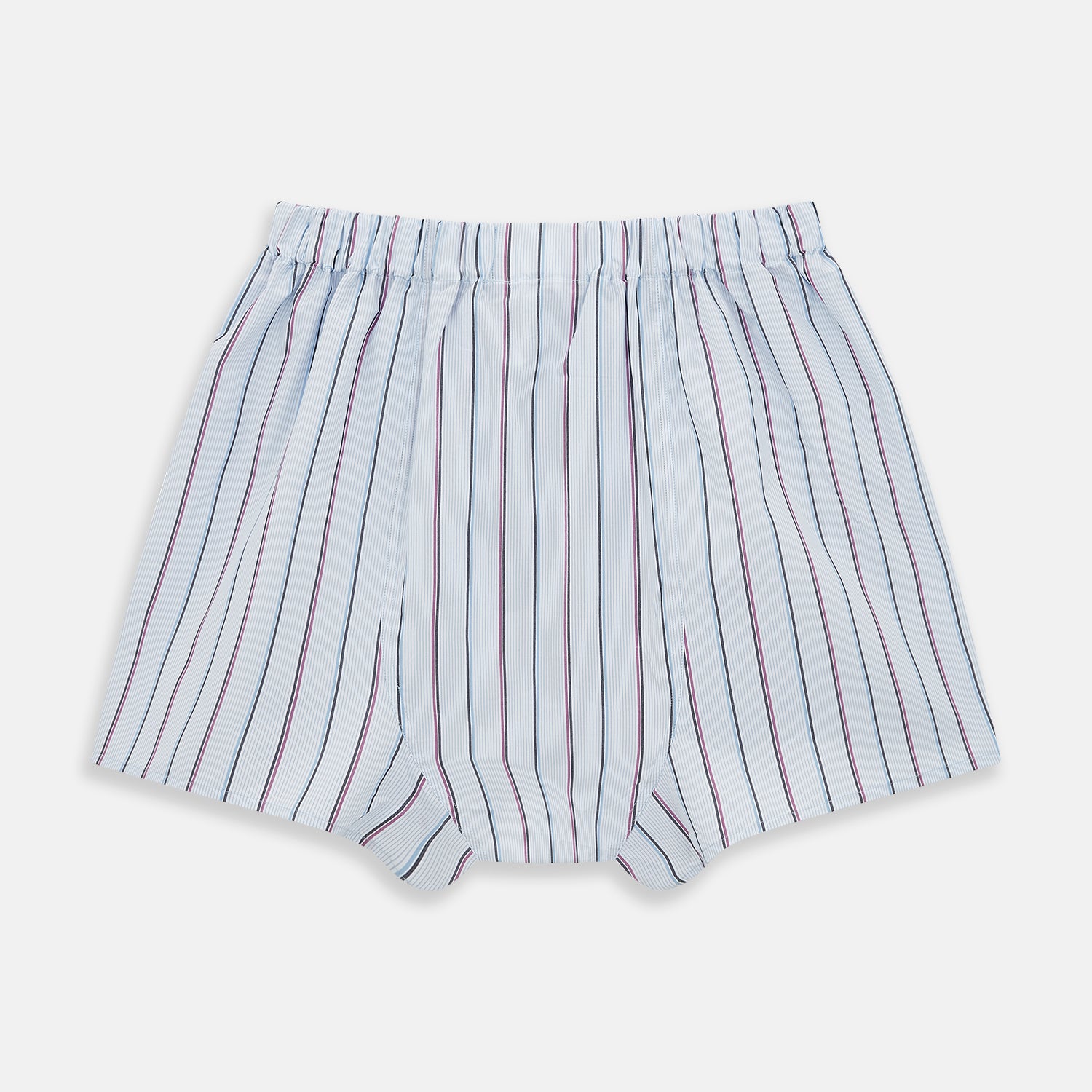 View 2 of product The Pale Blue And Pink Multi Stripe Godfrey Boxer Shorts by Turnbull & Asser are crafted from luxury Italian cotton and feature an elastic waistband with vertical pale blue and pink stripes, shown laid flat on a white background.