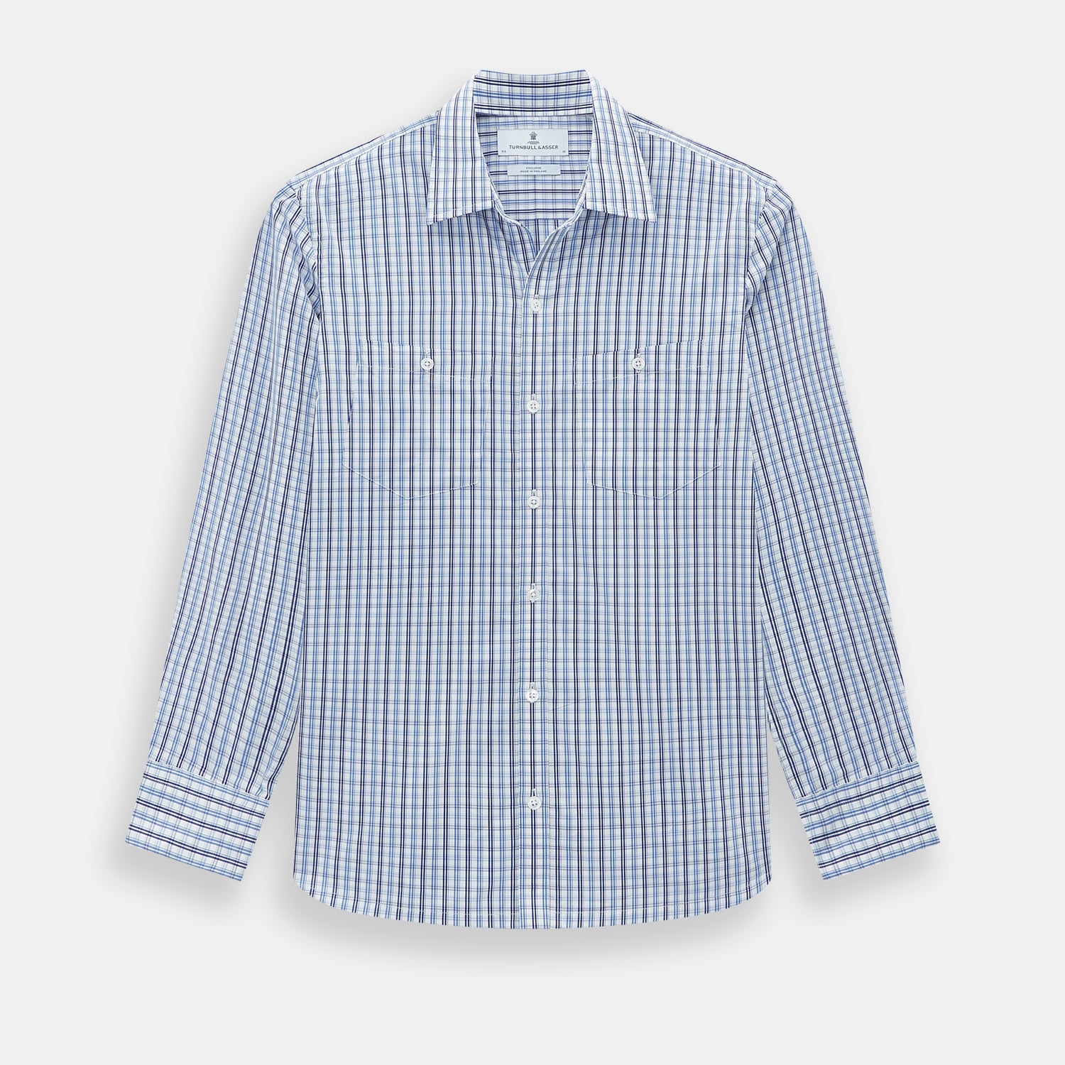 View 1 of product Turnbull & Asser's Blue and Navy Multi Check Piccadilly Shirt features long sleeves, a pointed collar, and two buttoned chest pockets, shown on a white background.