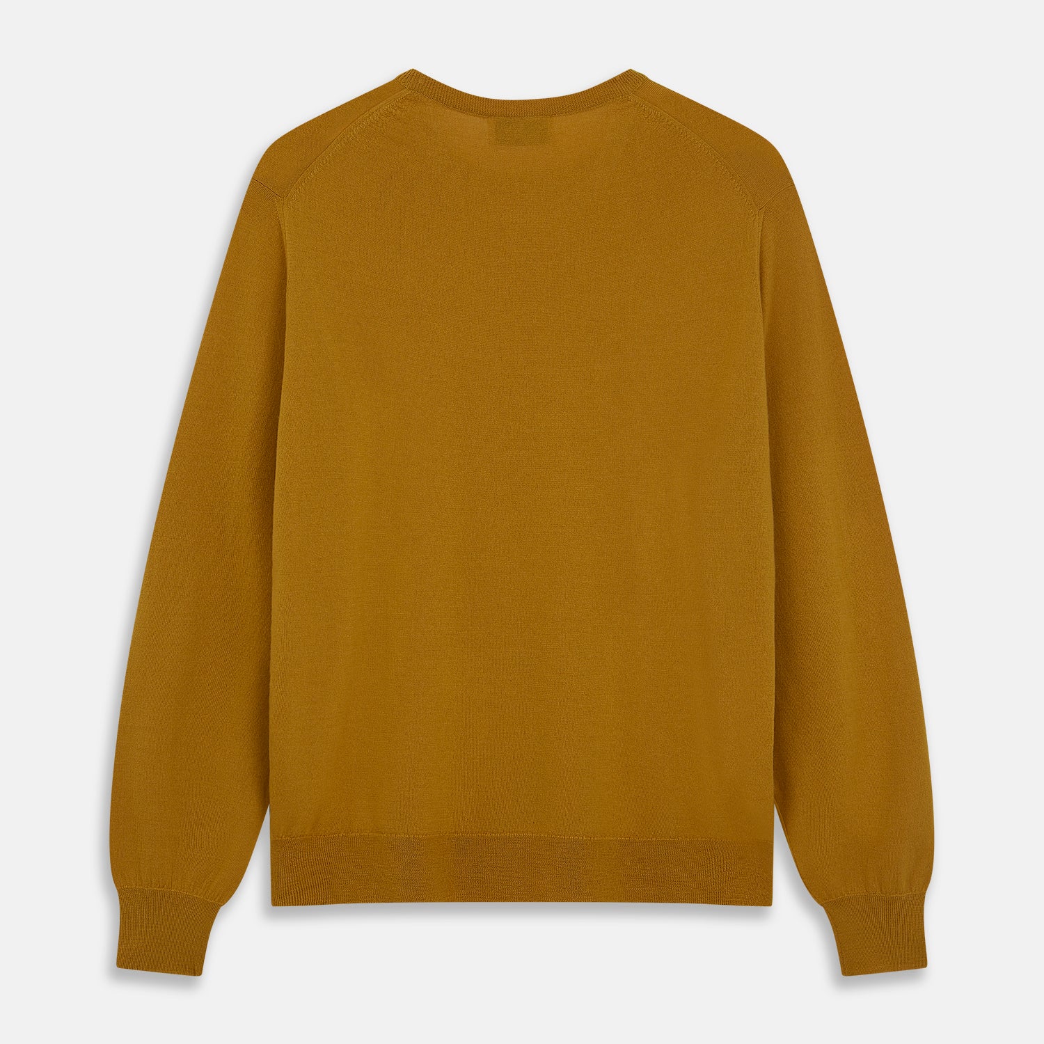 View 3 of product The Turnbull & Asser Gold Crew Neck Merino Jumper, featuring long sleeves and ribbed cuffs and hem, is displayed flat on a white background.