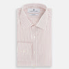 View 5 of product The Red Multi Ticking Stripe Mayfair Shirt by Turnbull & Asser features thin red and blue vertical stripes on white, a T&A collar, long sleeves, and button-up design.
