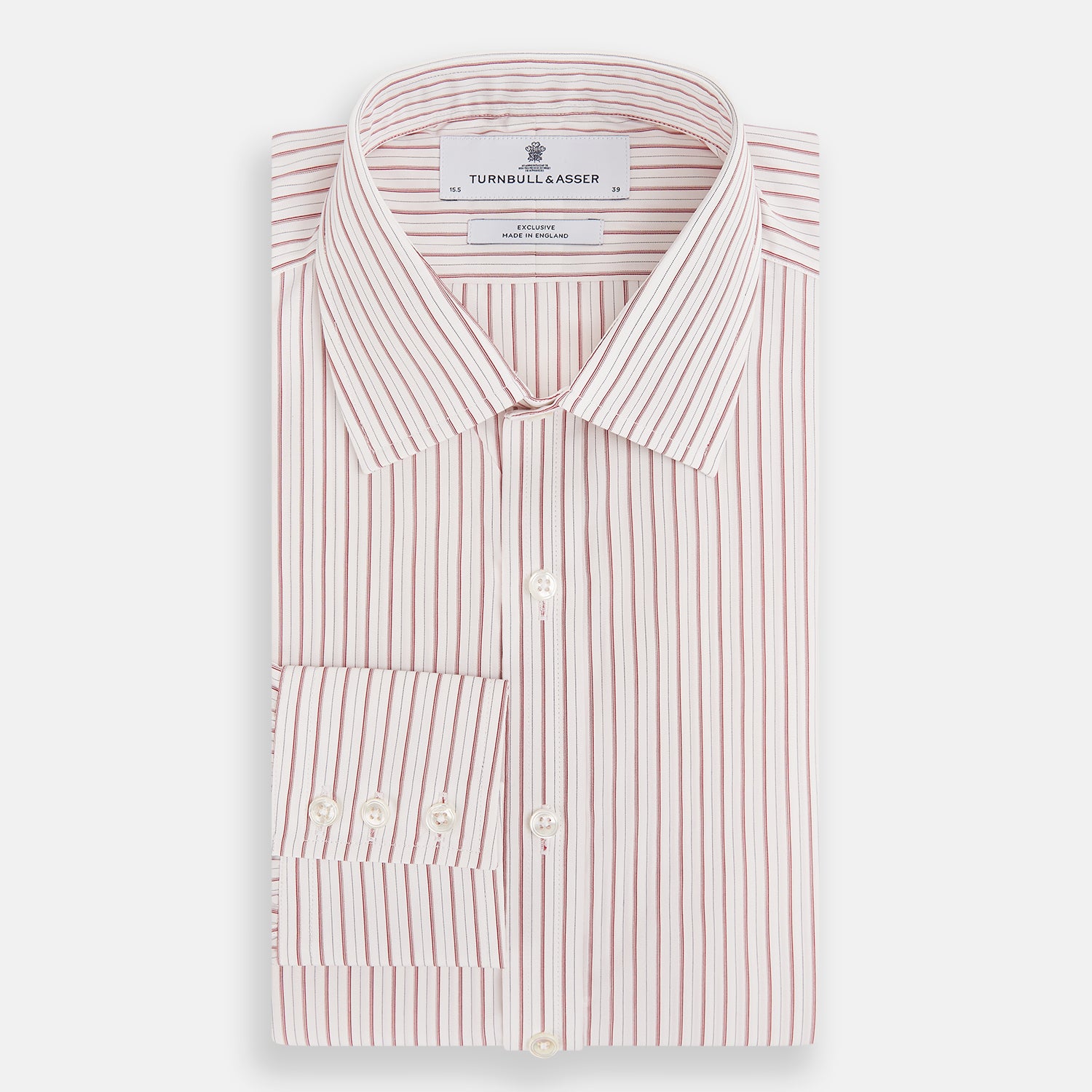 View 5 of product The Red Multi Ticking Stripe Mayfair Shirt by Turnbull & Asser features thin red and blue vertical stripes on white, a T&A collar, long sleeves, and button-up design.
