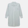 View 1 of product The Green Double Stripe Quarzo Nightshirt by Turnbull & Asser is a relaxed-fit, long-sleeve, knee-length Italian cotton shirt dress with a collar, partial button-down front, chest pocket, and buttoned cuffs in green and white stripes.