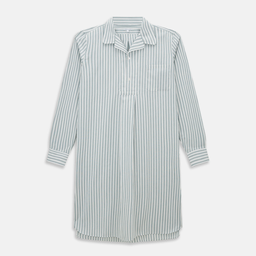 The Green Double Stripe Quarzo Nightshirt by Turnbull & Asser is a relaxed-fit, long-sleeve, knee-length Italian cotton shirt dress with a collar, partial button-down front, chest pocket, and buttoned cuffs in green and white stripes.