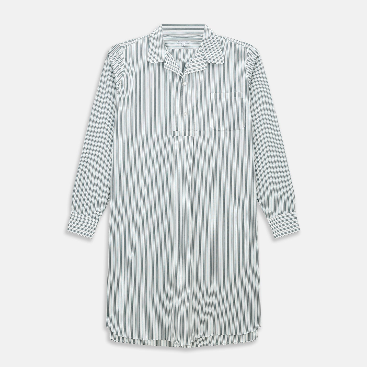 View 1 of product The Green Double Stripe Quarzo Nightshirt by Turnbull & Asser is a relaxed-fit, long-sleeve, knee-length Italian cotton shirt dress with a collar, partial button-down front, chest pocket, and buttoned cuffs in green and white stripes.
