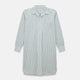 The Green Double Stripe Quarzo Nightshirt by Turnbull & Asser is a relaxed-fit, long-sleeve, knee-length Italian cotton shirt dress with a collar, partial button-down front, chest pocket, and buttoned cuffs in green and white stripes.
