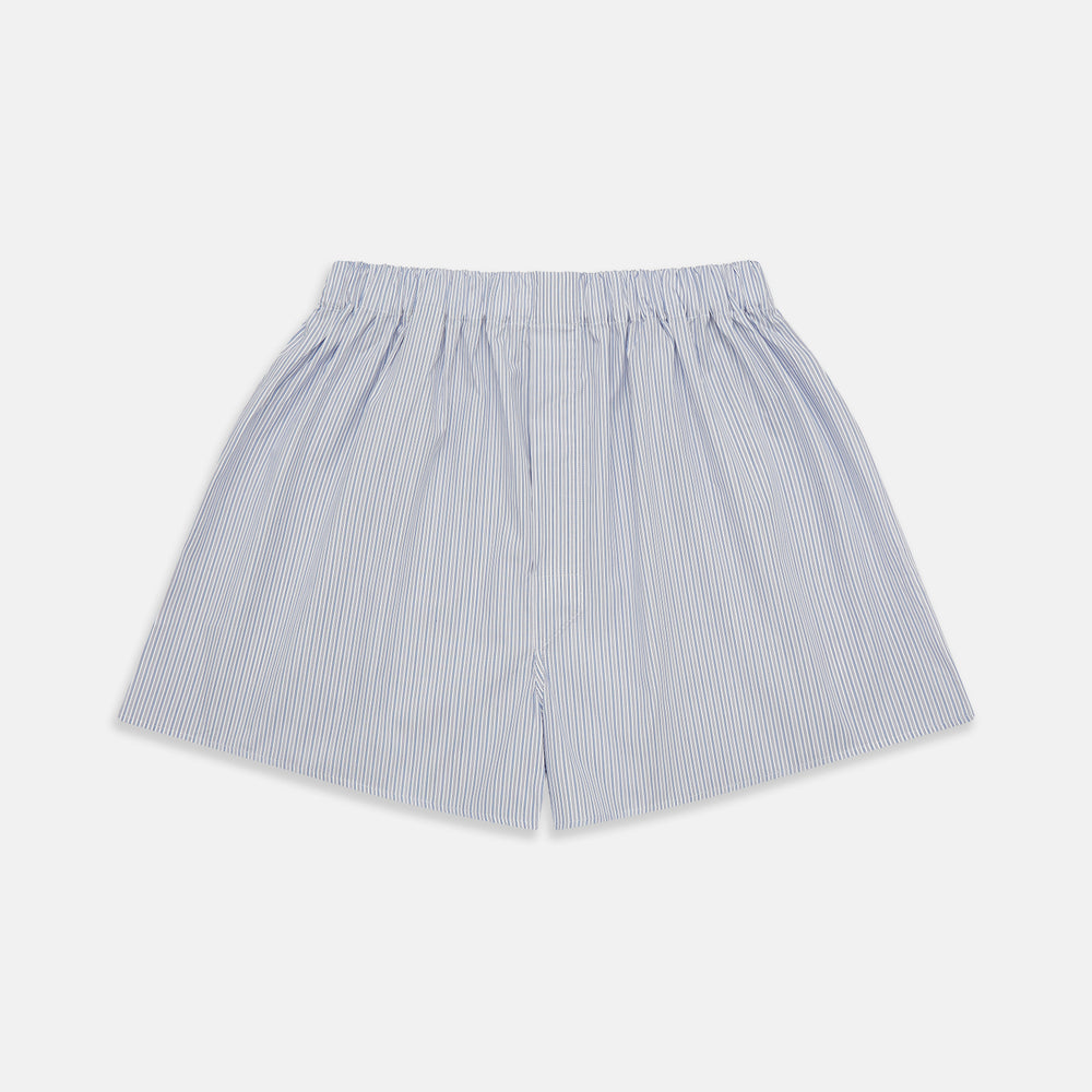 Turnbull & Asser Blue Multi Stripe Cotton Godfrey Boxer Shorts feature light blue and white stripes, an elastic waistband, and soft cotton fabric—perfect for those who value luxury underwear. Laid flat on a plain white background.