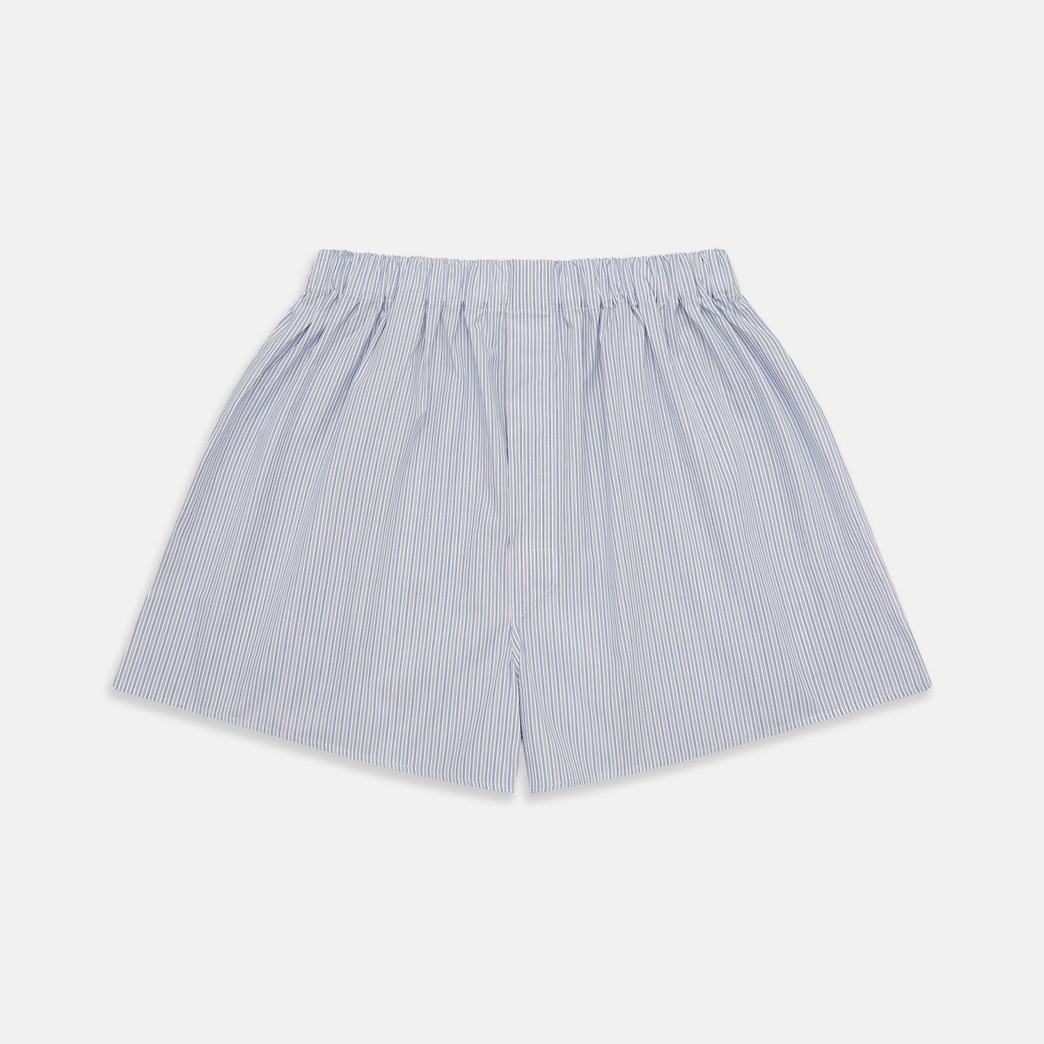 View 1 of product Turnbull & Asser Blue Multi Stripe Cotton Godfrey Boxer Shorts feature light blue and white stripes, an elastic waistband, and soft cotton fabric—perfect for those who value luxury underwear. Laid flat on a plain white background.