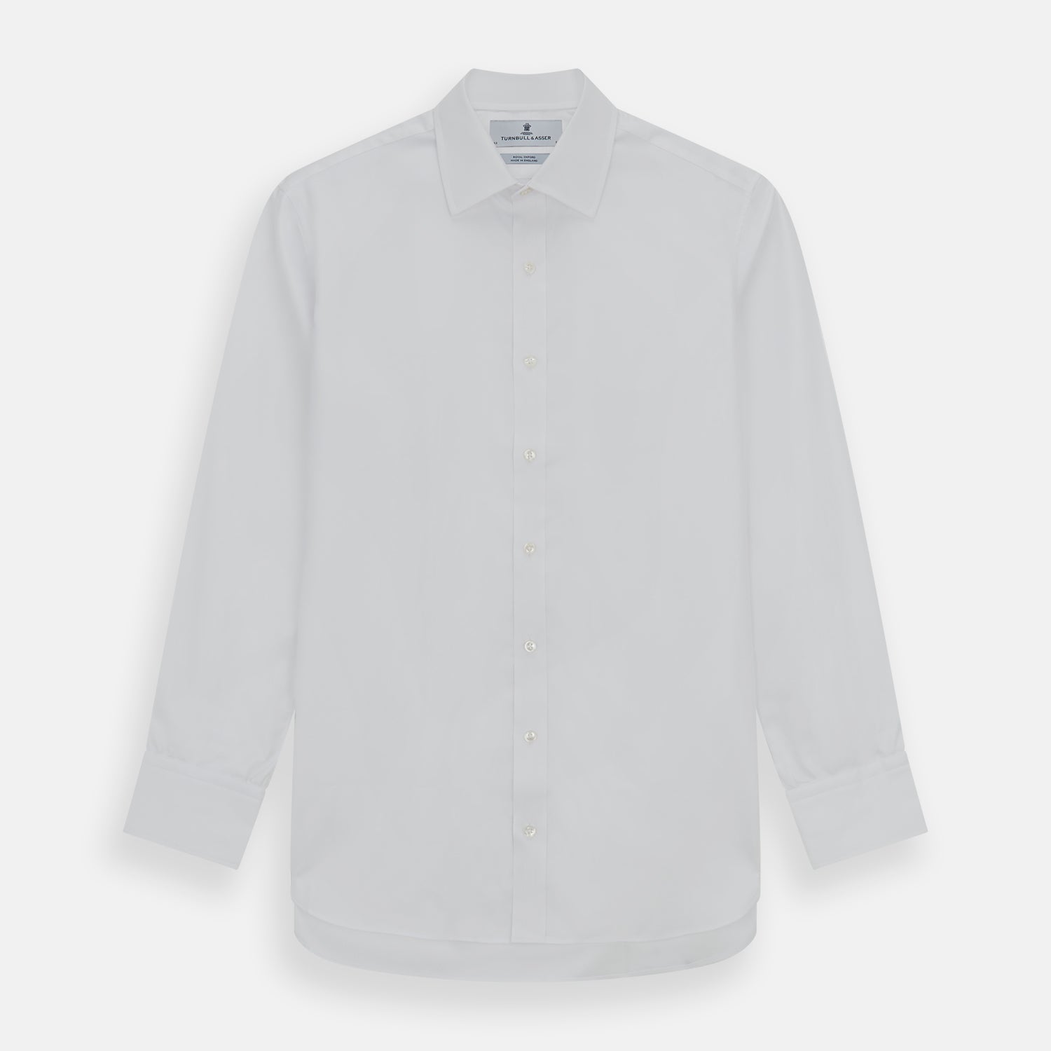 View 1 of product The Turnbull & Asser White Superfine Oxford Cotton Shirt features a T&A collar and 3-button cuffs—ideal for elegant evening attire, shown against a white background.
