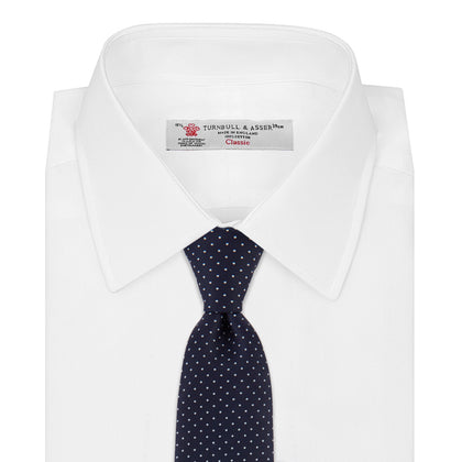 White and Navy Spot Printed Silk Tie Image 1