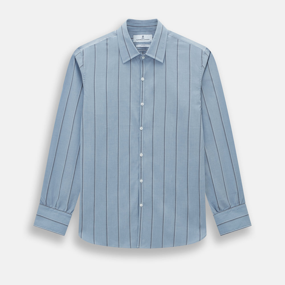 The Steel Blue Track Stripe Westminster Shirt by Turnbull & Asser features dark pinstripes, a classic collar, white buttons, and buttoned cuffs—expertly crafted to highlight British craftsmanship. Laid flat on white background.