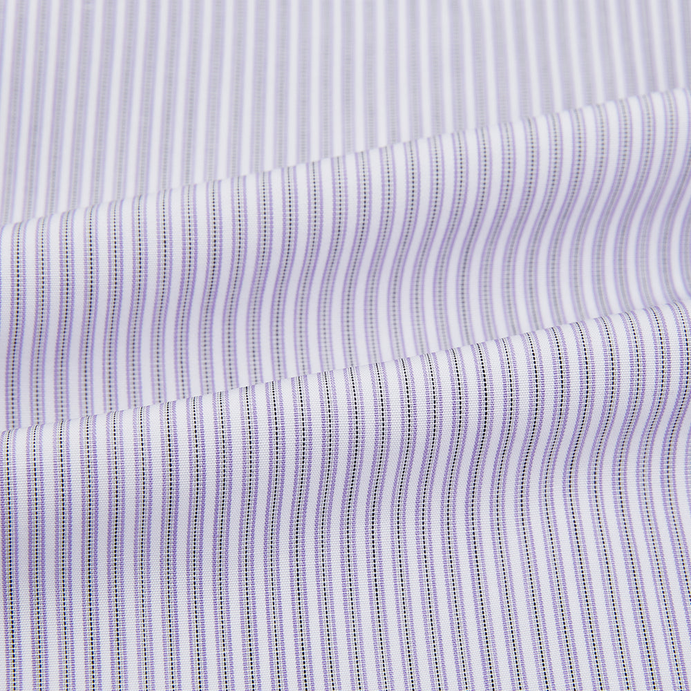 The Lilac Halo Stripe Mayfair Shirt by Turnbull & Asser features a relaxed Mayfair fit, white buttons, a pointed collar, and a subtle lilac stripe pattern for timeless sophistication.