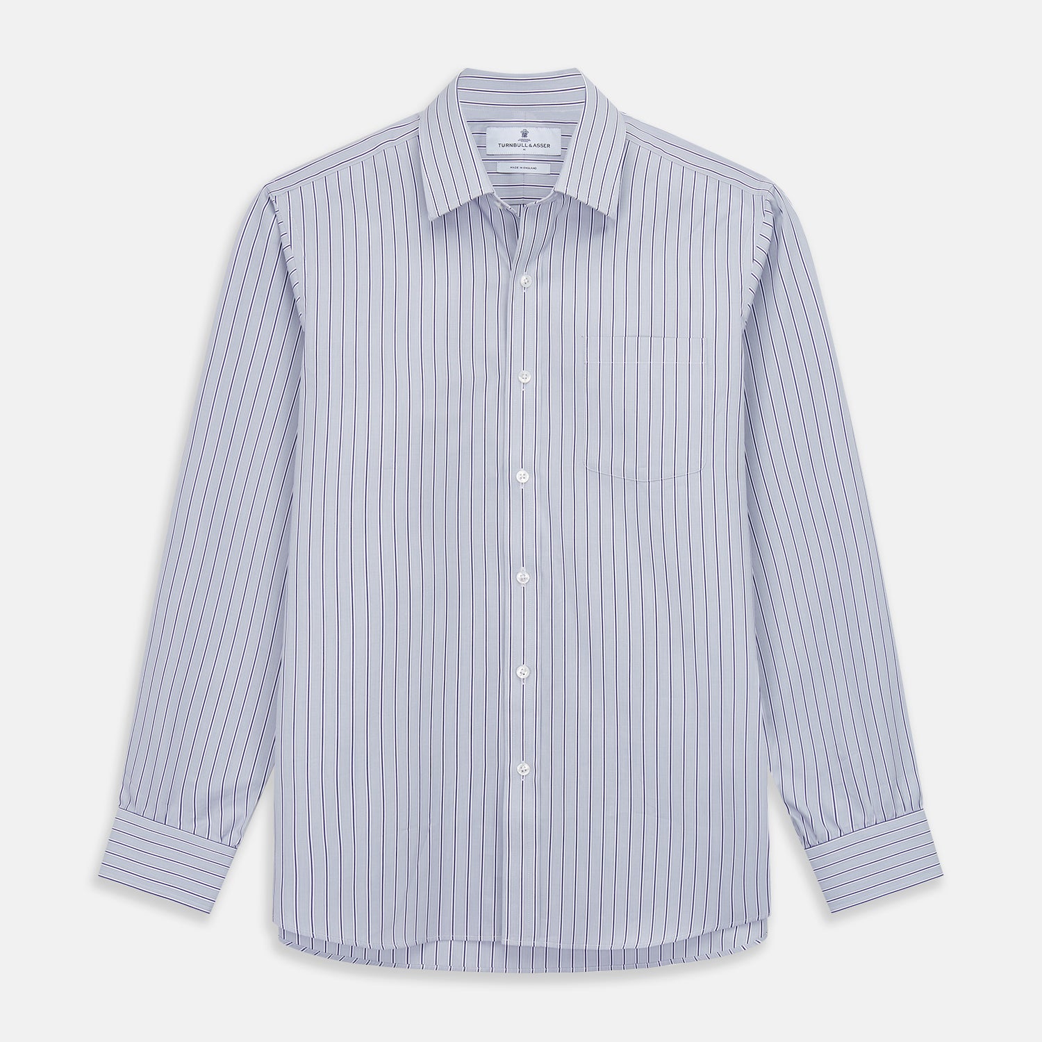 View 1 of product Turnbull & Asser Navy & Blue Stripe Weekend Fit Shirt, featuring a Derby collar, single button cuffs, and a chest pocket, laid flat on a white background.