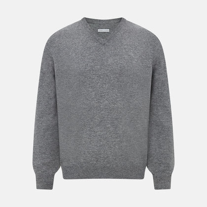 Grey Melange Cashmere V-neck Jumper