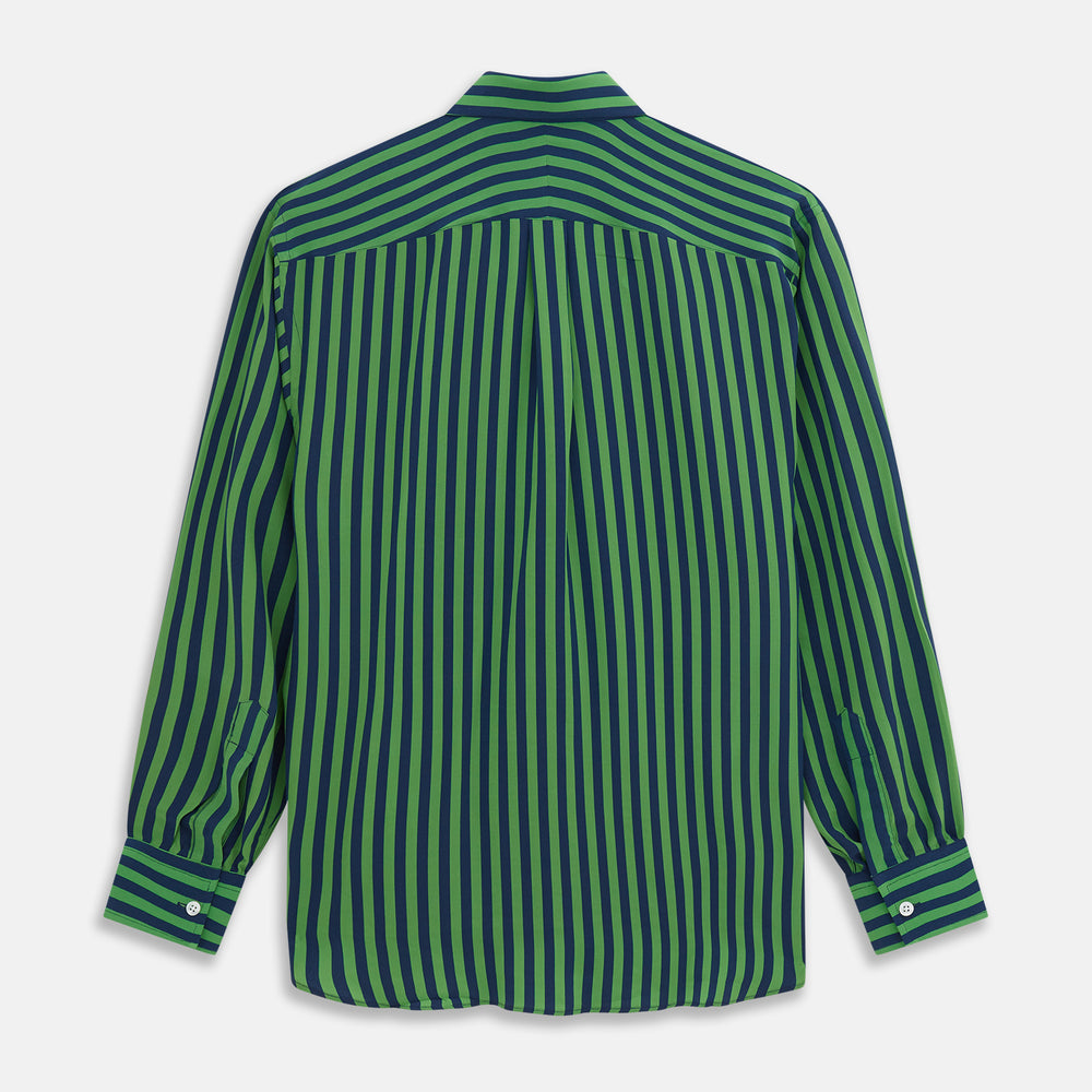 The Turnbull & Asser Green and Navy Candy Stripe Silk Weekend Fit Harold Shirt features long sleeves, a button-up front, collar, and cuffs, displayed laid flat on a white background.