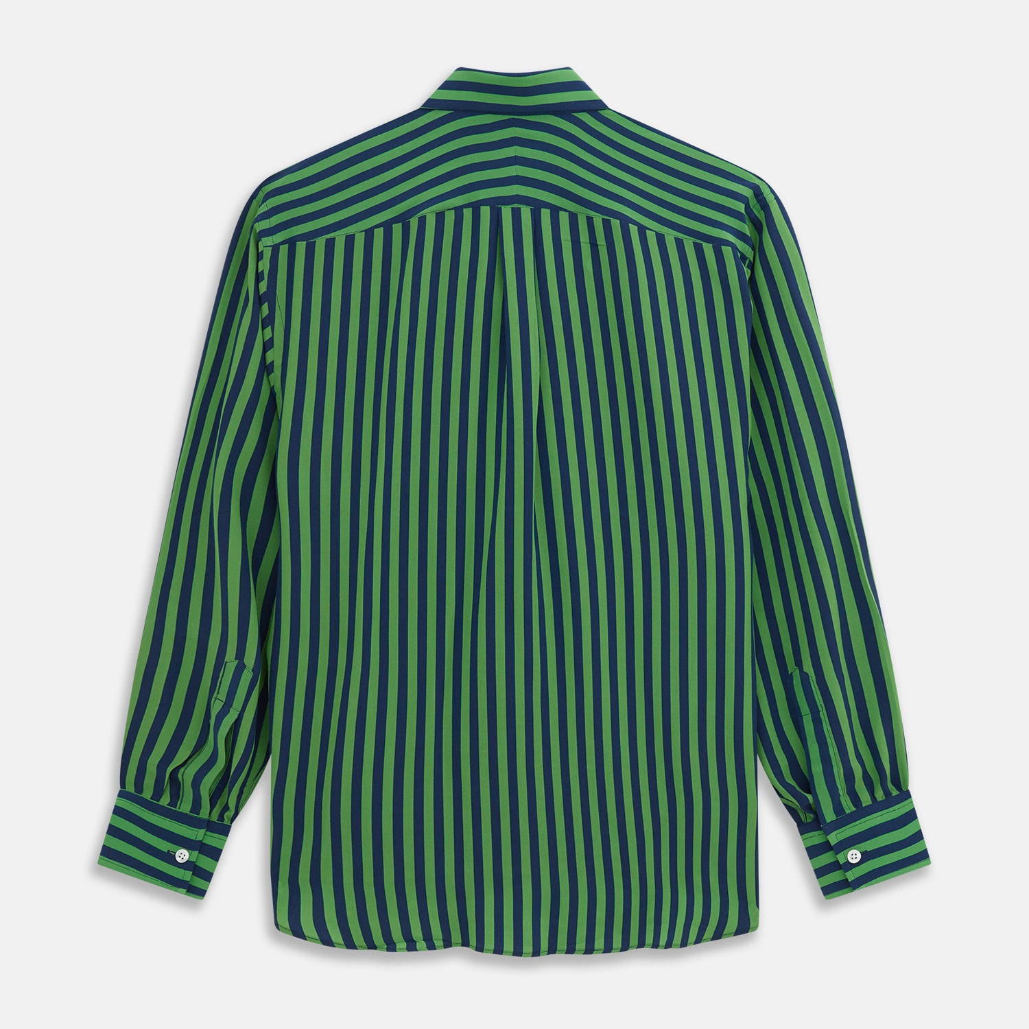 View 5 of product The Turnbull & Asser Green and Navy Candy Stripe Silk Weekend Fit Harold Shirt features long sleeves, a button-up front, collar, and cuffs, displayed laid flat on a white background.
