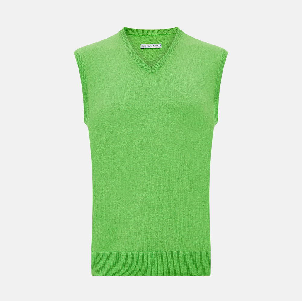 The Turnbull & Asser Bright Green V-neck Cashmere Vest is a sleeveless jumper with ribbed edges, shown on a plain white background.