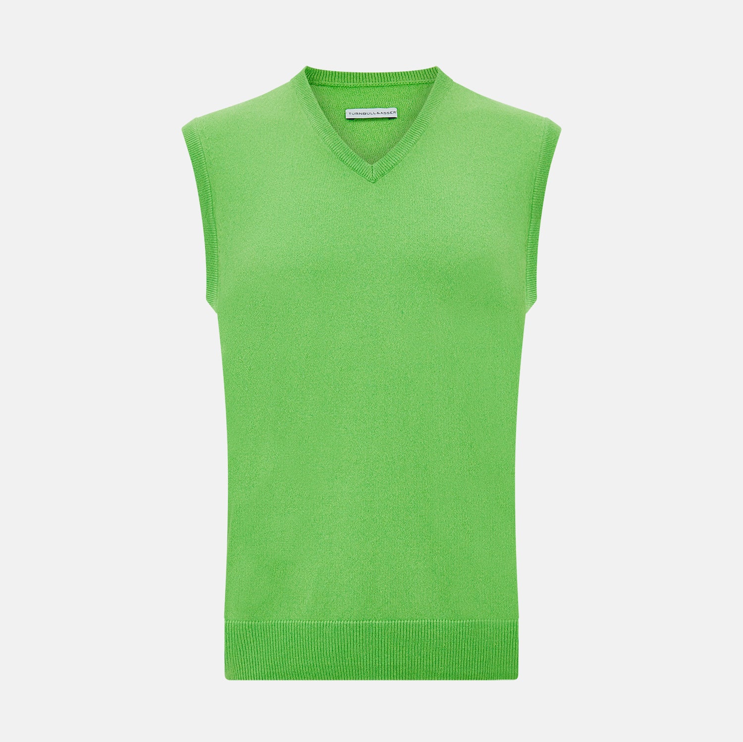 View 1 of product The Turnbull & Asser Bright Green V-neck Cashmere Vest is a sleeveless jumper with ribbed edges, shown on a plain white background.