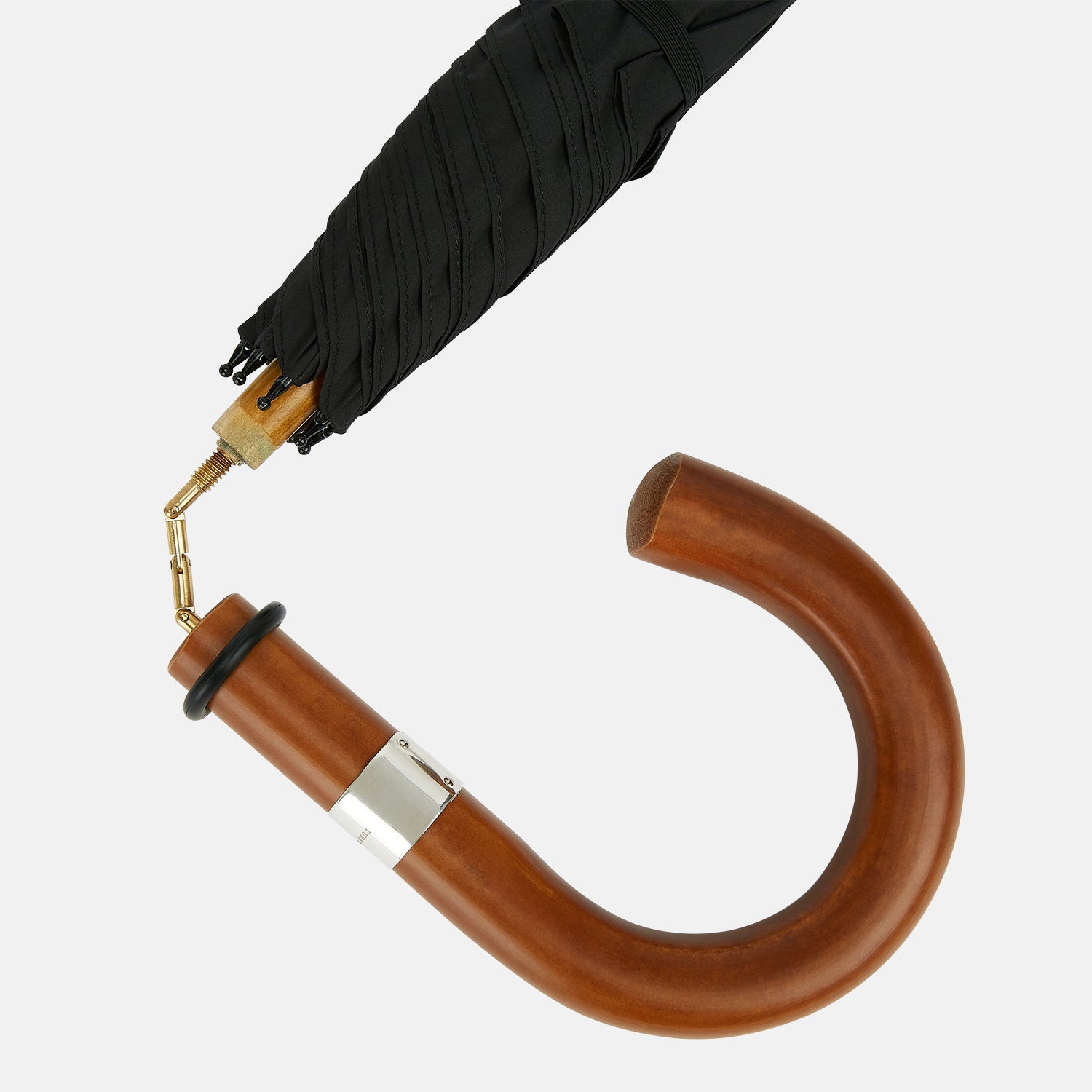 View 3 of product The Turnbull & Asser Black Traveller Umbrella features a Malacca crook handle and straight wooden shaft—a timeless accessory displayed fully opened against a white background.