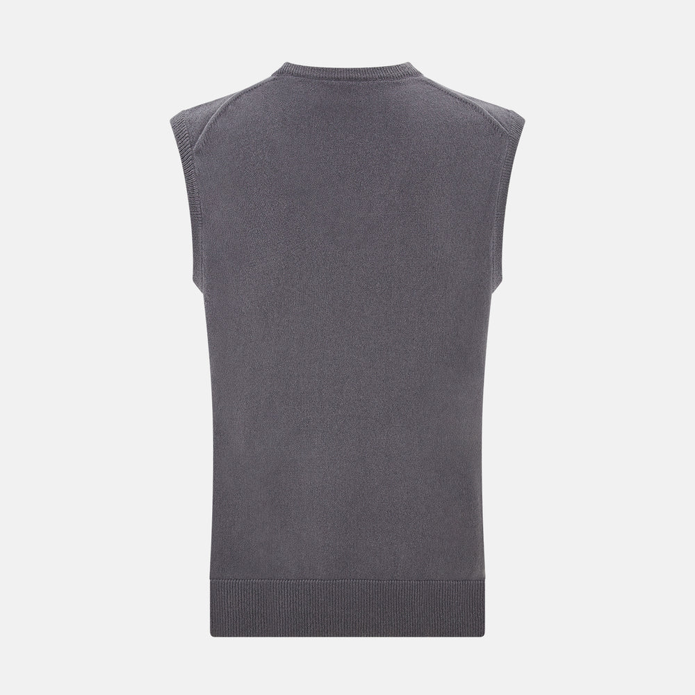 The Turnbull & Asser Slate Grey V-neck Cashmere Vest, shown against a white background, is a sophisticated sleeveless jumper ideal for refined ensembles.