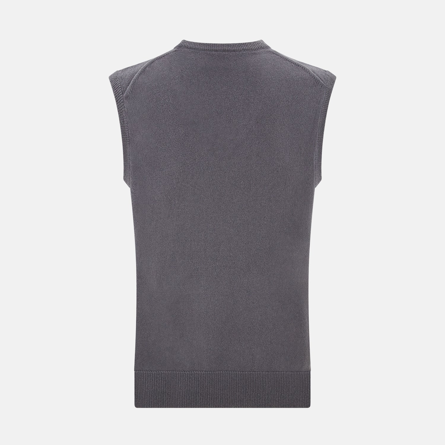 View 3 of product The Turnbull & Asser Slate Grey V-neck Cashmere Vest, shown against a white background, is a sophisticated sleeveless jumper ideal for refined ensembles.