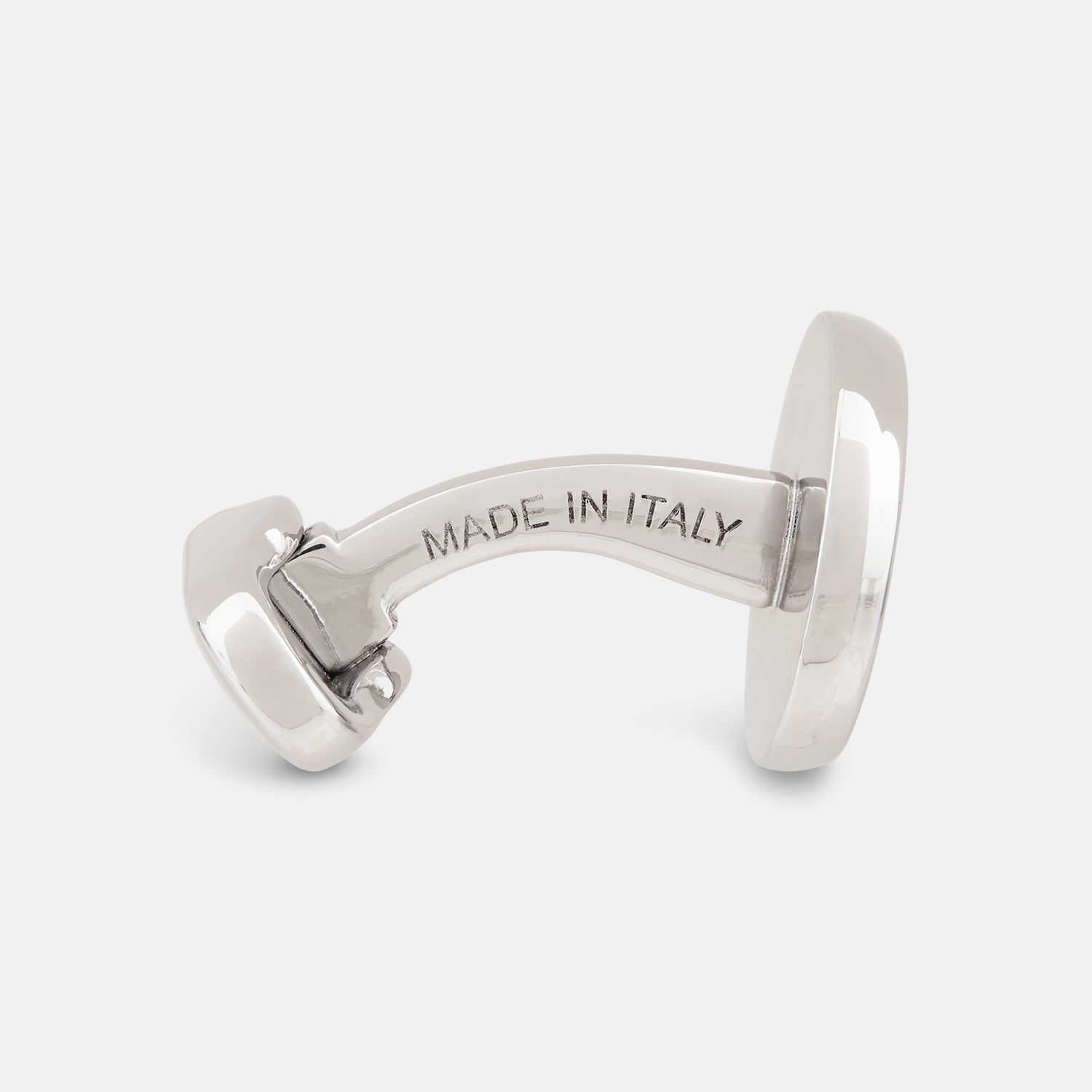 View 2 of product Turnbull & Asser's Navy Gemstone Circle Cufflinks feature round sterling silver with black enamel centers and a clear gemstone, shown on a white background.