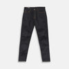 View 4 of product A pair of Turnbull & Asser Indigo Japanese Selvedge Denim Jeans in dark blue with rolled-up cuffs, yellow stitching, five pockets, and a button fly, laid flat on a white background.