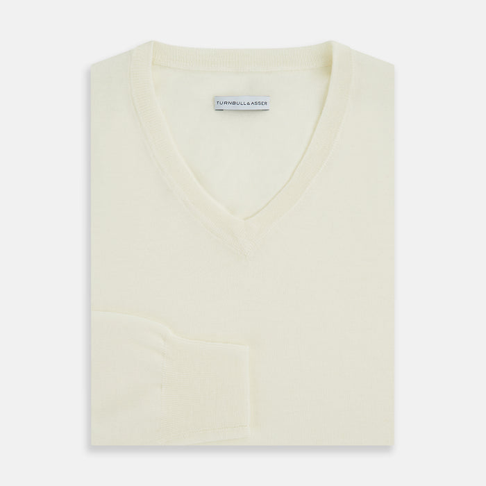 Cream Fine Merino V-Neck Jumper Image 3