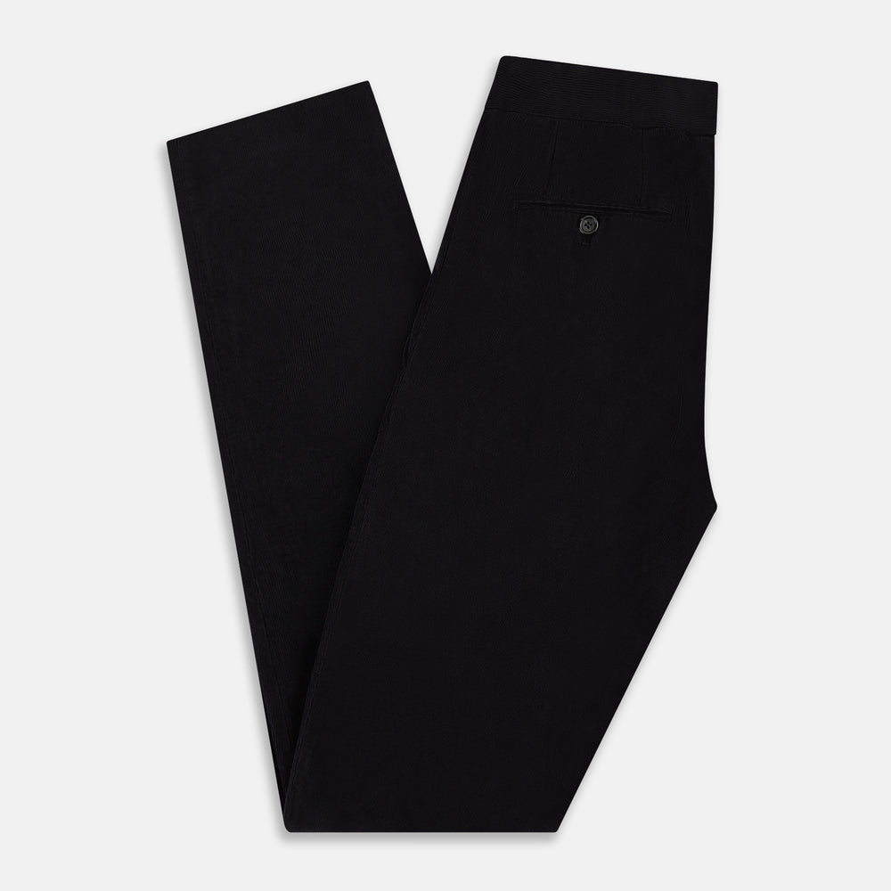 Navy Corduroy Miles Trousers by Turnbull & Asser, featuring an elasticated waist, straight-leg cut, and side pockets, displayed flat on a white background.