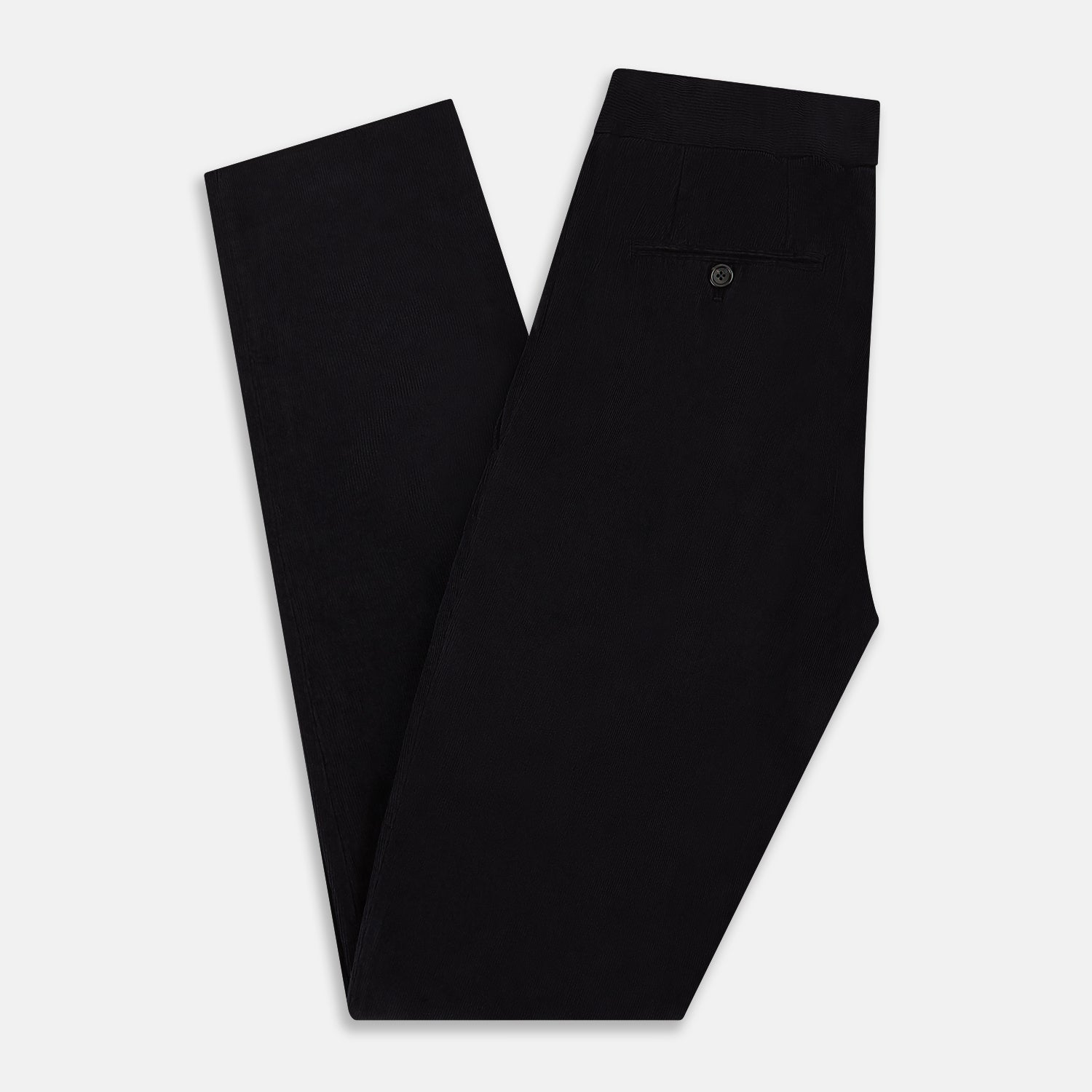 View 6 of product Navy Corduroy Miles Trousers by Turnbull & Asser, featuring an elasticated waist, straight-leg cut, and side pockets, displayed flat on a white background.