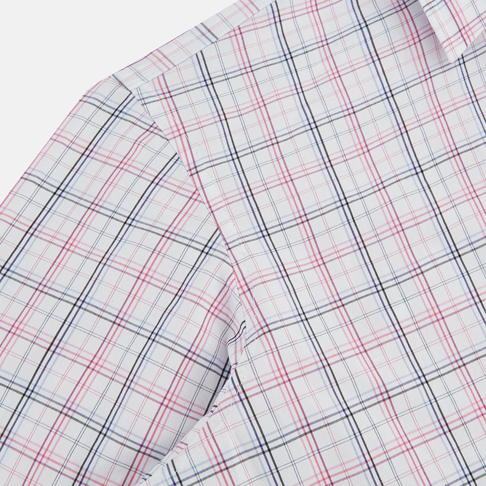 The Purple and Blue Multi Check Westminster Shirt by Turnbull & Asser features a refined plaid pattern, long sleeves, and button-up design—displayed flat to showcase hallmark British craftsmanship.