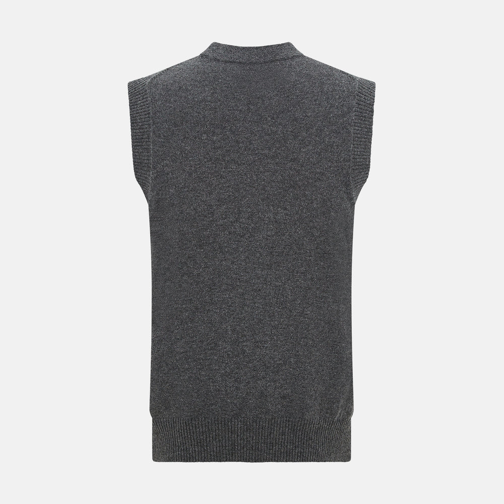 The Turnbull & Asser Charcoal Grey Cashmere Sleeveless Cardigan is a men's knit V-neck vest with ribbed collar, hem, and two front pockets, shown in dark grey melange against a white background.