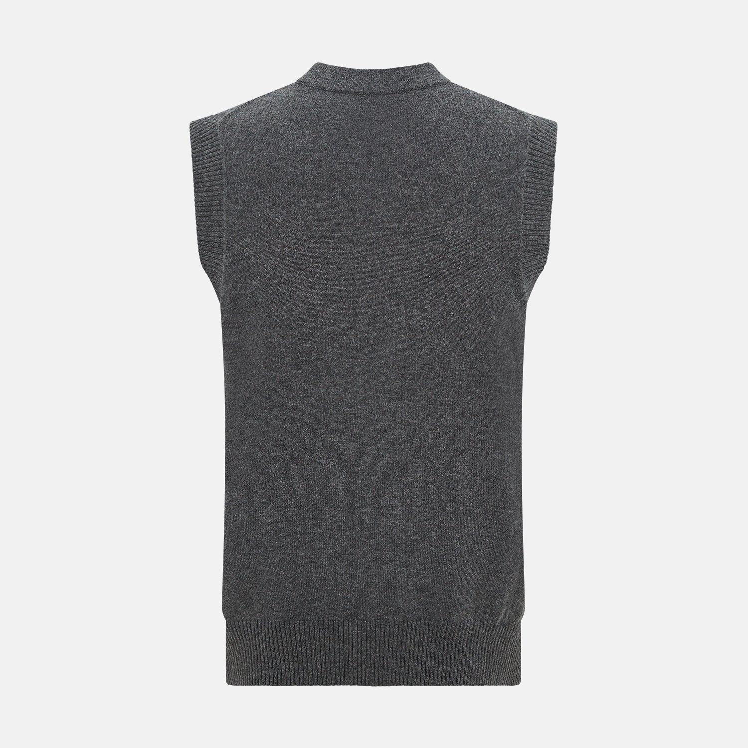 View 3 of product The Turnbull & Asser Charcoal Grey Cashmere Sleeveless Cardigan is a men's knit V-neck vest with ribbed collar, hem, and two front pockets, shown in dark grey melange against a white background.